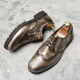 Golden Brogue Shoes Men's Dress Soft Split Leather Lace Up Oxfords Flat Work Footwear Mart Lion   