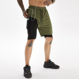 Men's Running Shorts Summer Sportswear 2 in 1 Sport Shorts Gym Fitness Double Deck Clothing Training Jogging Short Pants Mart Lion Green Headphone Hole M 