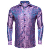 Hi-Tie Brand Silk Men's Shirts Breathable Jacquard Floral Paisley Long Sleeve Blouse for Wedding Party Events MartLion   