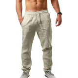 Pants Men Cotton Linen Trousers Casual Solid Elastic Waist Straight Loose Sports Running MartLion   