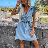 Women Ruffle Decoration Denim Dresses Button Deep V Neck Waist Lace-up Dress MartLion   