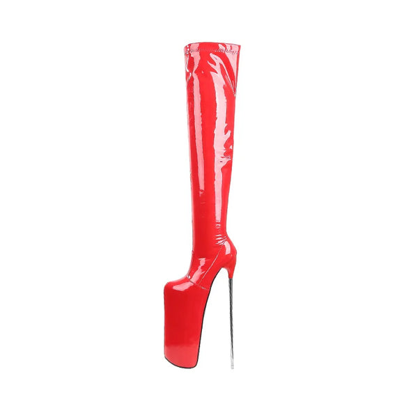 Comemore Metal Super High Heels 30cm Knee-length Elastic Boots Women's Long Winter Shoes MartLion Leather Red 30cm 47 