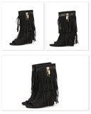 Liyke Peep Toe Pink Tassels Fringe Ankle Boots For Women Spring Autumn Wedge Heels Western Shoes De Mujer Mart Lion   