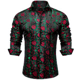 Luxury Red Rose Floral Green Silk Men's Shirt Long Sleeve Designer Clothing Social Casual Tuxedo Dress MartLion   