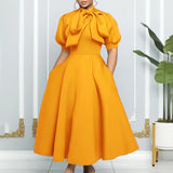 Party Dresses Woman Bow Collar Short Sleeve  Waisted Pleated Ankle Length Birthday Party Robe MartLion Yellow Dress XXXL 