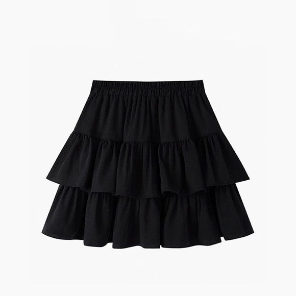 Pleated Skirt Women White Ruffle Sweet Pretty Style Skirt Elastic Waist Summer Slim Basic Dress MartLion black S 