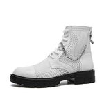Summer Men's Ankle Boots Punk Rock Mesh Leather Chain Round Toe Breathable Motorcycle Party Casual Shoes Mart Lion White 38 