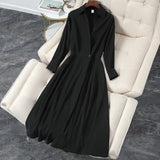 Dress Women's Summer Long Sleeve Tight Waist Long Dress Black Cover Shirt Collar Dress MartLion   