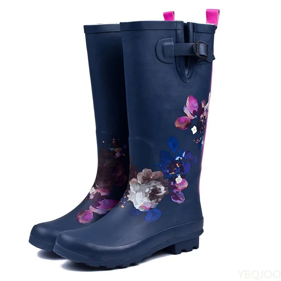  Woman Waterproof Rain Boots Women Spring Autumn Rainboots Print Female Knee-High Non-Slip Casual Shoes MartLion - Mart Lion