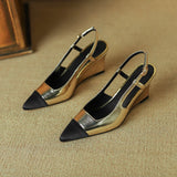 Spring Women Sandals Genuine Leather Shoes Pointed Toe Wedges Heels Ladies Golden Sliver MartLion   