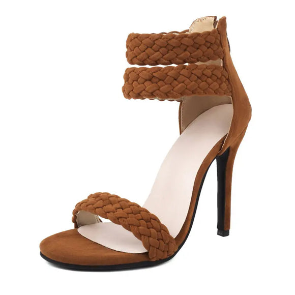 Women Sandals Peep Toe Thin Heels  Flock Suede Knitting  Party Female Shoes MartLion Brown US3-EU34-22CM CN