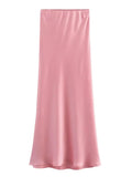 Women's Flowing Satin Midi Skirt Women Vintage Elastic  Waist Flared Street Skirt MartLion Pink L 