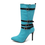 Liyke Design Many Buckle Women Autumn Winter Warm Short Plush Mid-Calf Boots Pointed Toe High Heels Shoes Female MartLion Blue 34 