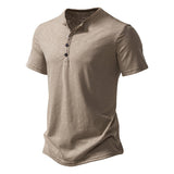 Summer T Shirt Men's Henley Collar White Short Sleeve Casual Slim Tops Tees Solid Color Mart Lion Khaki S 