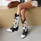 Women's Embroidered Western Knee High Boots Cowboy Chunky Heel Platform Western Shoes White Mart Lion   