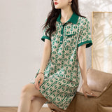 Elegant Print Polo Collar Dresses  Women Summer Casual Short Sleeve Loose Chic Midi Dress MartLion   