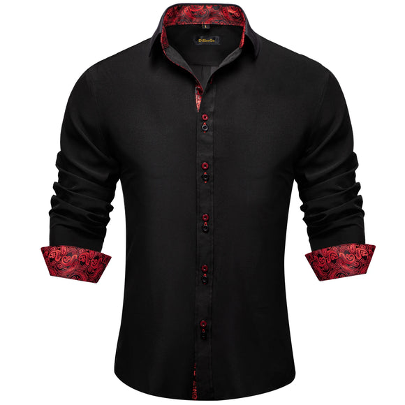 Men's Shirt Long Sleeve Black Solid Red Paisley Color Contrast Dress Shirt Button-down Collar Clothing MartLion CY-2203 S 