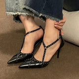 Vintage Rivet Women Pumps Leather Pointed Toe Buckle Strap Thin High Heels Summer Office Lady Shoes Mart Lion   