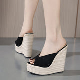 Liyke Platform Wedges Slippers Summer Peep Toe 14CM Heels Shoes Woman Super High Mules Female Sandals Black Mart Lion   