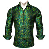 Luxury Designer Silk Men's Shirts Long Sleeve Blue Green Teal Embroidered Flower Slim Fit Blouse Casual  Tops Barry Wang MartLion 0443 S 