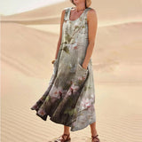 Women's Summer Dress Unique Casual Print Ankle-Length Dresses Round Neck Sleeveless Frocks MartLion Khaki XL United States