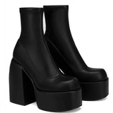 Morden Boots Women Platform Heels Round Toe Leather Boot Chunky Heels Zipper Designer Block Heel Shoes Girls Casual MartLion Black 35 