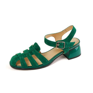 Summer Women Shoes Round Toe Sandals Casual Suede Roman Heels Green Genuine Leather Mid Heels MartLion Green 40 