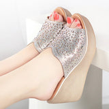 Silver Rhinestone Floral Wedding Shoes Women High Heels Summer Chunky Platform Wedges Slippers Office MartLion   