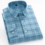 Men's Casual Long Sleeve Woven Button Down Shirt Single Patch Pocket Standard-fit Plaid Striped Cotton Oxford Shirts MartLion 8186-35 38 