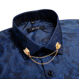 Hi-Tie Silk Men's Shirts Black Gold Long Sleeve Slim Fit Paisley Lapel Brooch Shirt Wedding Party Gift Designer MartLion   