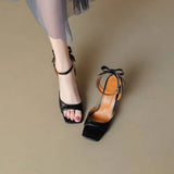 Women Sandals Square Toe Thin Heel Buckle Strap Bowknot Elegant Dating Female Shoes MartLion   