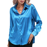 Women Shirts Silk Solid Plain Purple Green White Black Red Blue Pink Yellow Gold Blouses Long Sleeve Tops Barry Wang MartLion 518 S 