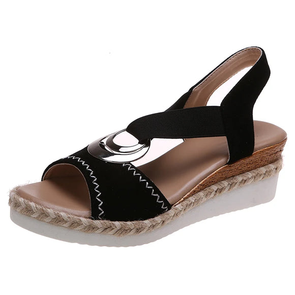 Metal Platform Sandals Woman Elastic Band Wedge Heel Mix Color Med Heel Non-Slip Walking Shoes MartLion Black 36 CHINA