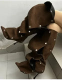 Runway Boots for Women Slim High Heels Pleated Metal Buckle Long Four Season MartLion Dark brown 45 