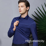 Men's long sleeved elastic shirt, non ironing business dress, professional work attire, stand up collar shirt MartLion   