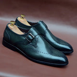 Elegant Men's Basic Monk Strap Dress Shoes Genuine Leather Single Buckle Green Black Loafer Brogue Party Wedding Formal MartLion   