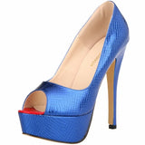 Women Pumps Heels Open Toe Platform Crocodile pattern Stiletto Party Dress Wedding Shoes MartLion Blue 43 