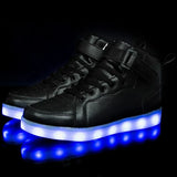 Men's and Women's High Top Board Shoes Children's Luminous LED Light Shoes Mirror Leather Panel MartLion Black037 44 