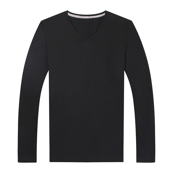 Cotton T-Shirt Men's Plain Solid Color V Neck Long Sleeve Tops Casual Clothing MartLion   