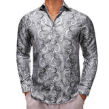 Designer Shirts Men's Silk Long Sleeve Light Purple Silver Paisley Slim Fit Blouses Casual Tops Breathable Barry Wang MartLion 0418 S 