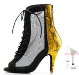 Women's Latin Dance Shoes Belly Dance Boots, Professional Ballroom Yellow Snake Print PU and Black Velvet Black Mesh MartLion HEEL  10cm 3.5 