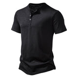 Summer T Shirt Men's Henley Collar White Short Sleeve Casual Slim Tops Tees Solid Color Mart Lion Black S 