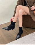 Retro Women Pointed Toe Low Heels Ankle Boots Patchwork Leather Shallow Stretch Kitten Heels Ladies Autumn Winter Short MartLion   