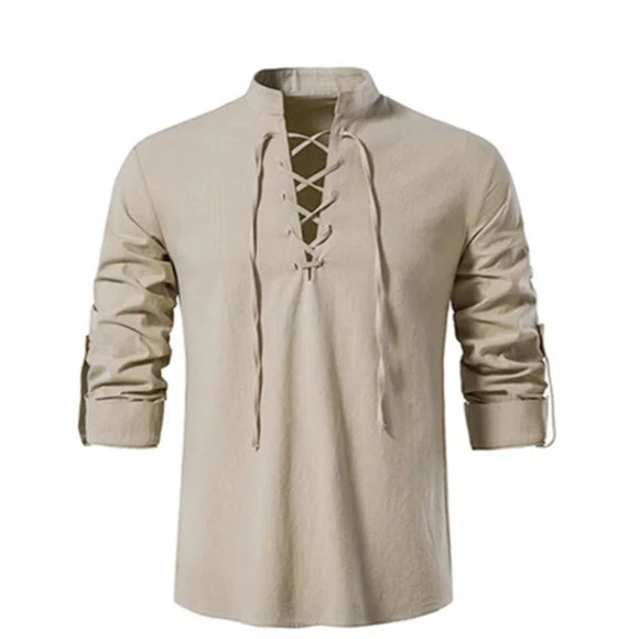 Men Long-Sleeved V-neck T-shirt Cotton and Linen Led Casual Men's T-shirt MartLion KHAKI XXL 