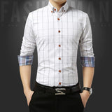 Autumn  Men's Social Shirt Slim Fit Long Sleeve Plaid Cotton Casual Brand Clothes Mart Lion White M 