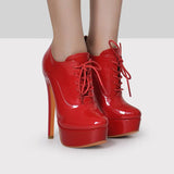 Onlymaker Women Ankle Boots Platform Patent Leather High Heel Lace Up Stiletto Comfy MartLion   
