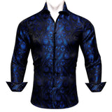 Luxury Blue Shirts Men's Silk Embroidered Paisley Flower Long Sleeve Slim FIT Blouses Casual Tops Lapel Cloth Barry Wang MartLion 0051 S 