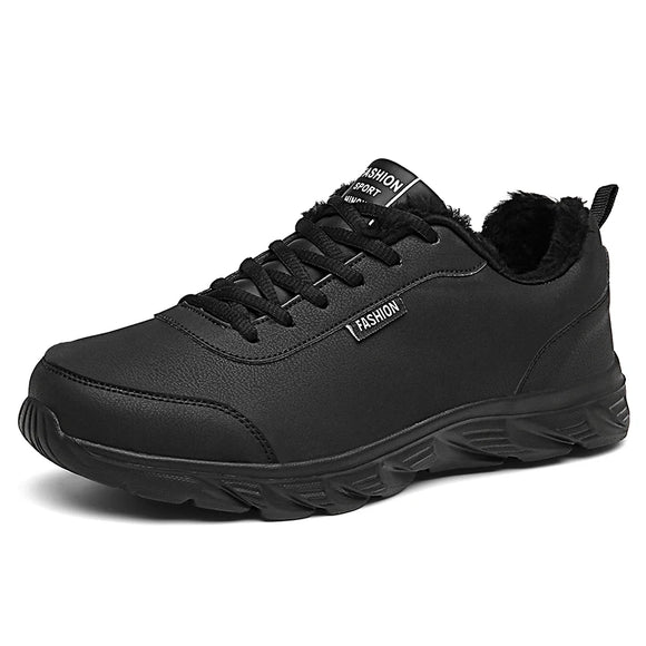 Casual Leather Cotton Shoes Classic Waterproof Ankle Non-Slip Walking Men's Warm Furry Sneaker MartLion black 38 