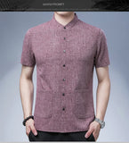 Men's Short-sleeved Seasonal Shirt with Stand Collar Linen Casual Daily Large Pocket Stand Collar Half Sleeve Shirt MartLion   