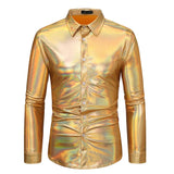 Men's Shirt Top Attractive Autumn Button Down Disco Gold Silver Pink Lapel Long Sleeve Party Shiny MartLion Gold S CHINA